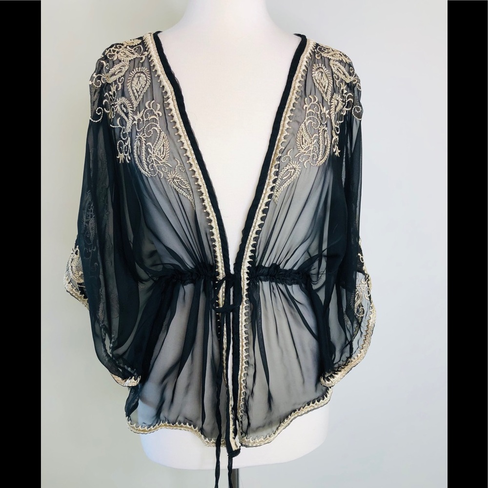 Sheer Front Tie Embroidered Jacket
